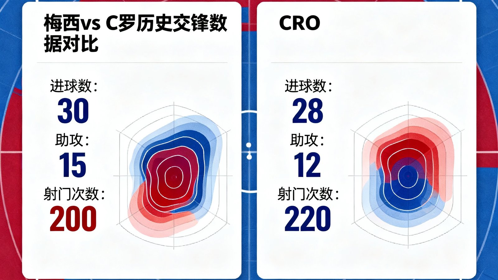 数据面板展示梅西与C罗的历史交锋数据对比，包括进球数、助攻、射门次数以及热力图覆盖范围，背景为球场雷达图